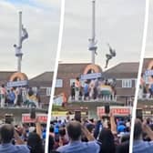This is the heart-stopping moment an Indian fan plunged 30ft after trying to tie a flag around a pole during wild T20 World Cup celebrations. 