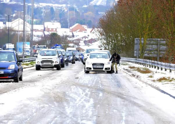 Snow and ice storm traffic disruption on the A690 Houghton Cut.